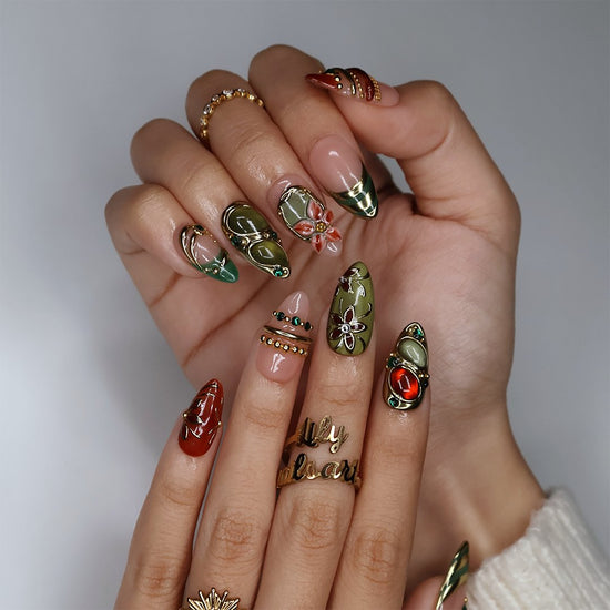 Chianti handmade fall press-on nails — fall almond set in nude, olive green and rust with amber and jade cabochons in ornate gold frames, 3D flowers, emerald gems and gold accents.