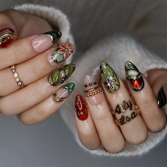 Chianti handmade fall press-on nails — fall almond set in nude, olive green and rust with amber and jade cabochons in ornate gold frames, 3D flowers, emerald gems and gold accents.