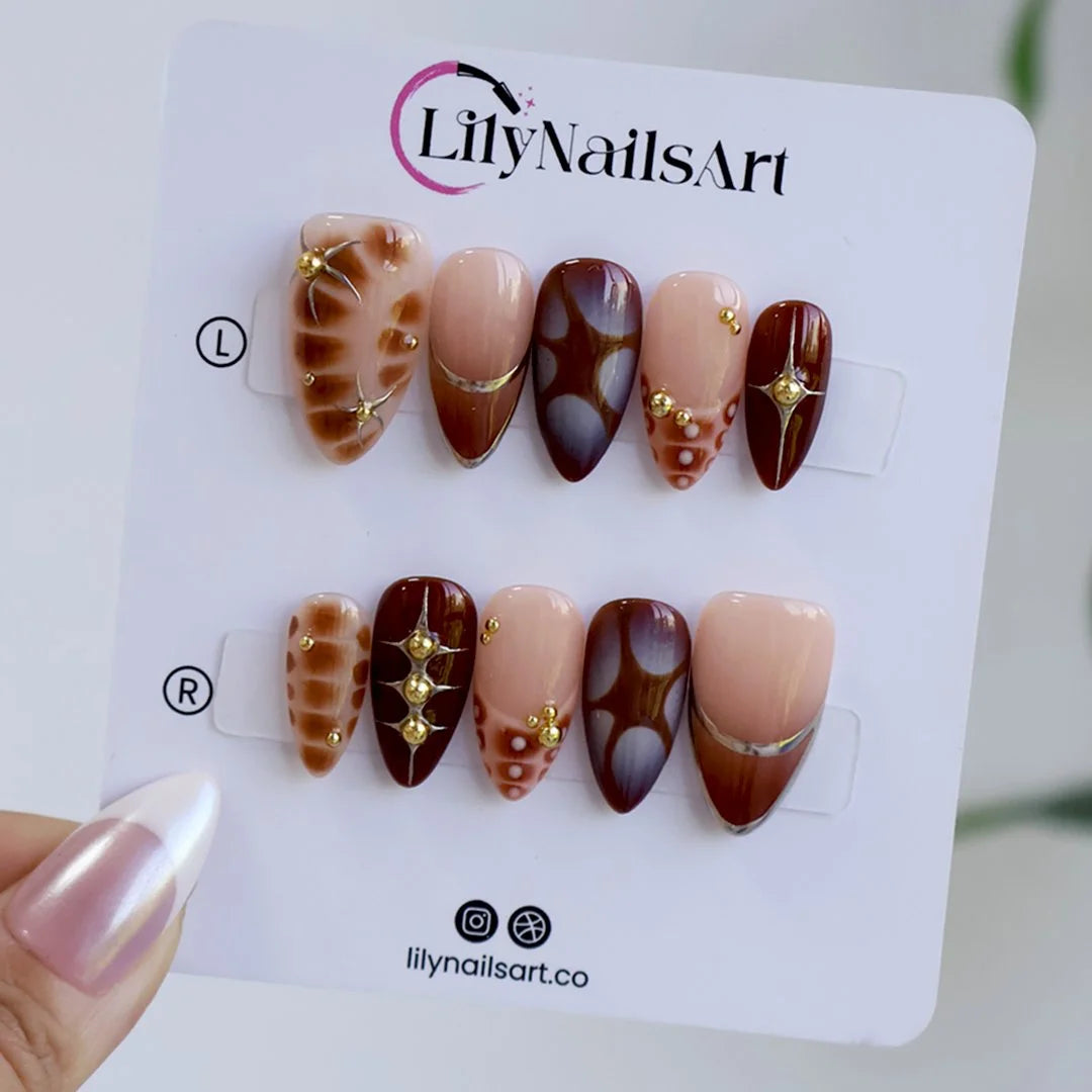 Bronze Era Y2K press on nails in Lily Nails Art packaging
