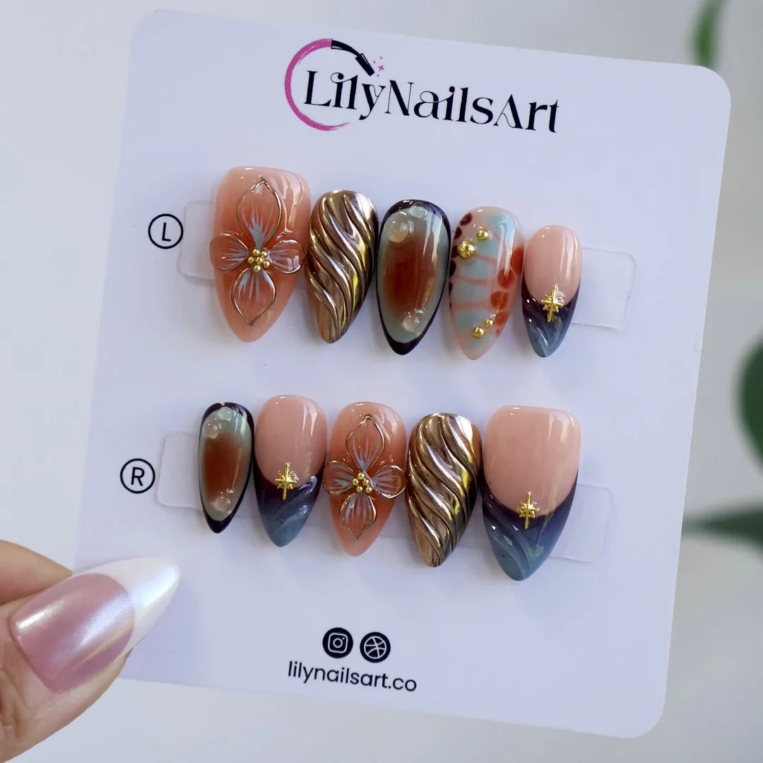 Athena fall press on nails in Lily Nails Art packaging