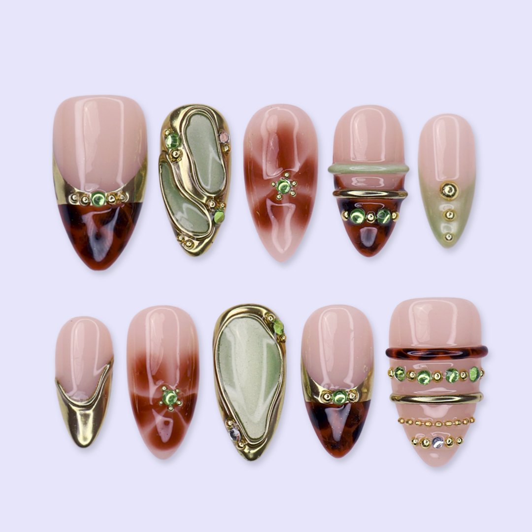 Tortoiseshell and gold medium almond press on nails, handmade fall design