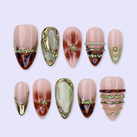 Tortoiseshell and gold medium almond press on nails, handmade fall design