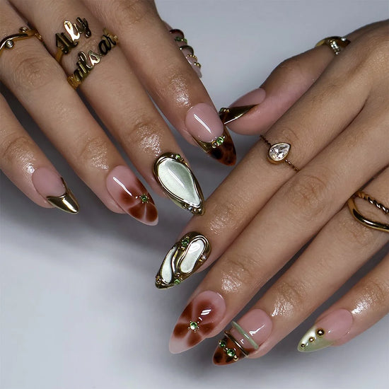 Olivra handmade fall press on nails in nude, tortoiseshell and sage green with gold French tips and cat-eye gems