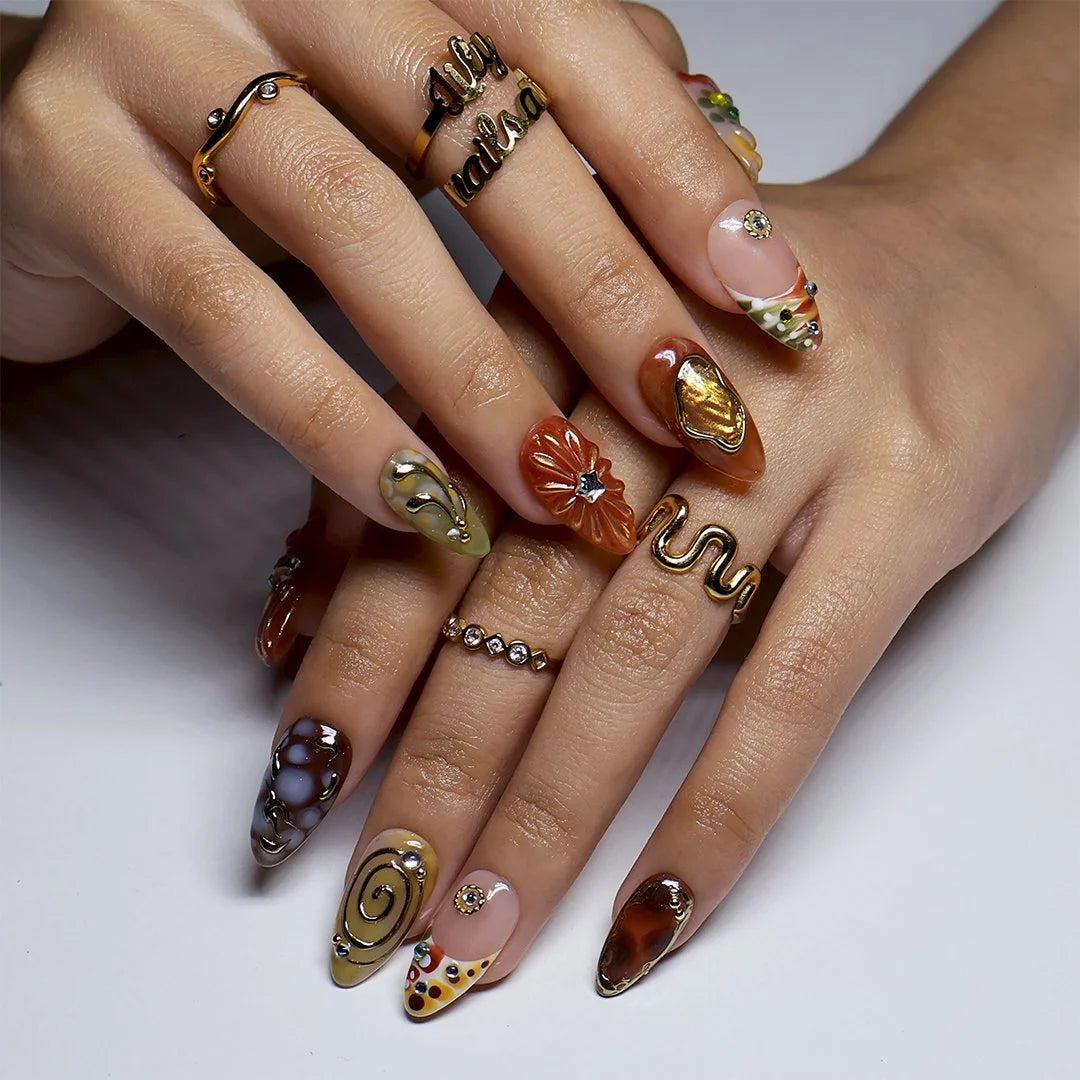 Caramela medium almond press on nails, full set shown flat
