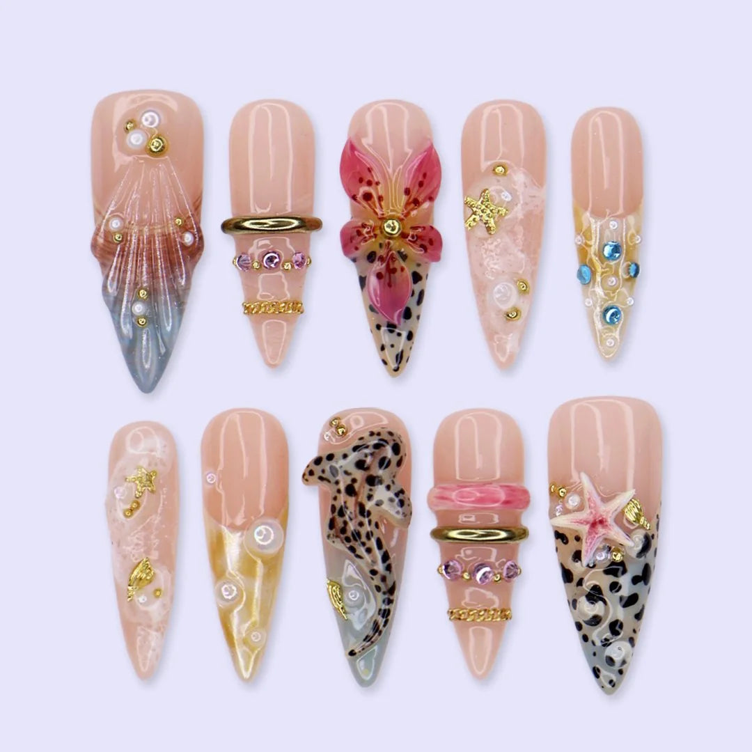 Handmade summer long almond press-on nails with leopard print, tropical flower, starfish and baby shark, perfect for nails holiday, vacation 