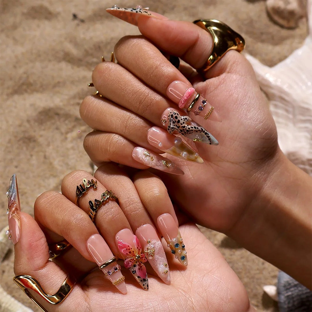 Handmade summer long almond press-on nails with leopard print, tropical flower, starfish and baby shark, perfect for nails holiday, vacation 