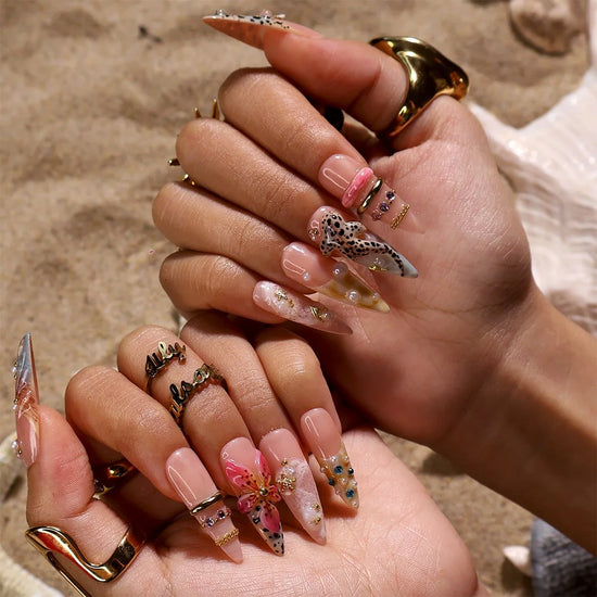 Handmade summer long almond press-on nails with leopard print, tropical flower, starfish and baby shark, perfect for nails holiday, vacation 