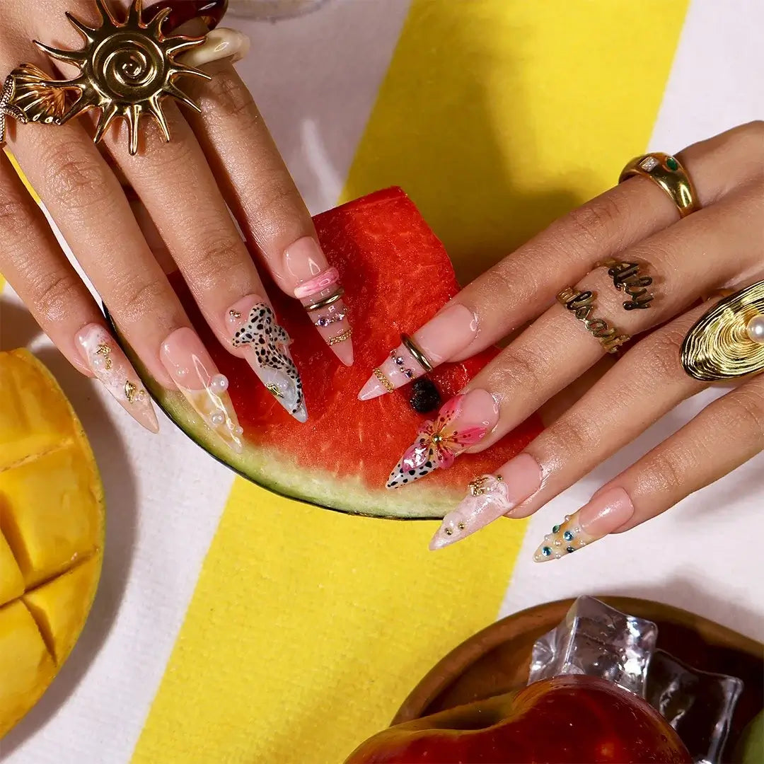 Handmade summer long almond press-on nails with leopard print, tropical flower, starfish and baby shark, perfect for nails holiday, vacation 