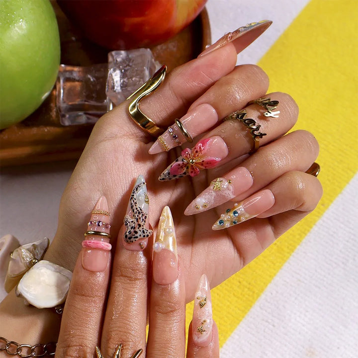Handmade summer long almond press-on nails with leopard print, tropical flower, starfish and baby shark, perfect for nails holiday, vacation 