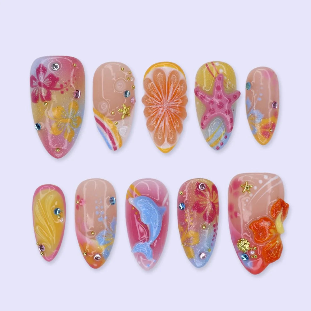 Handmade summer press-on nails with vibrant multicolor tropical floral art and bold pop energy inspired by Zara Larson , y2k nails by lilynailsart