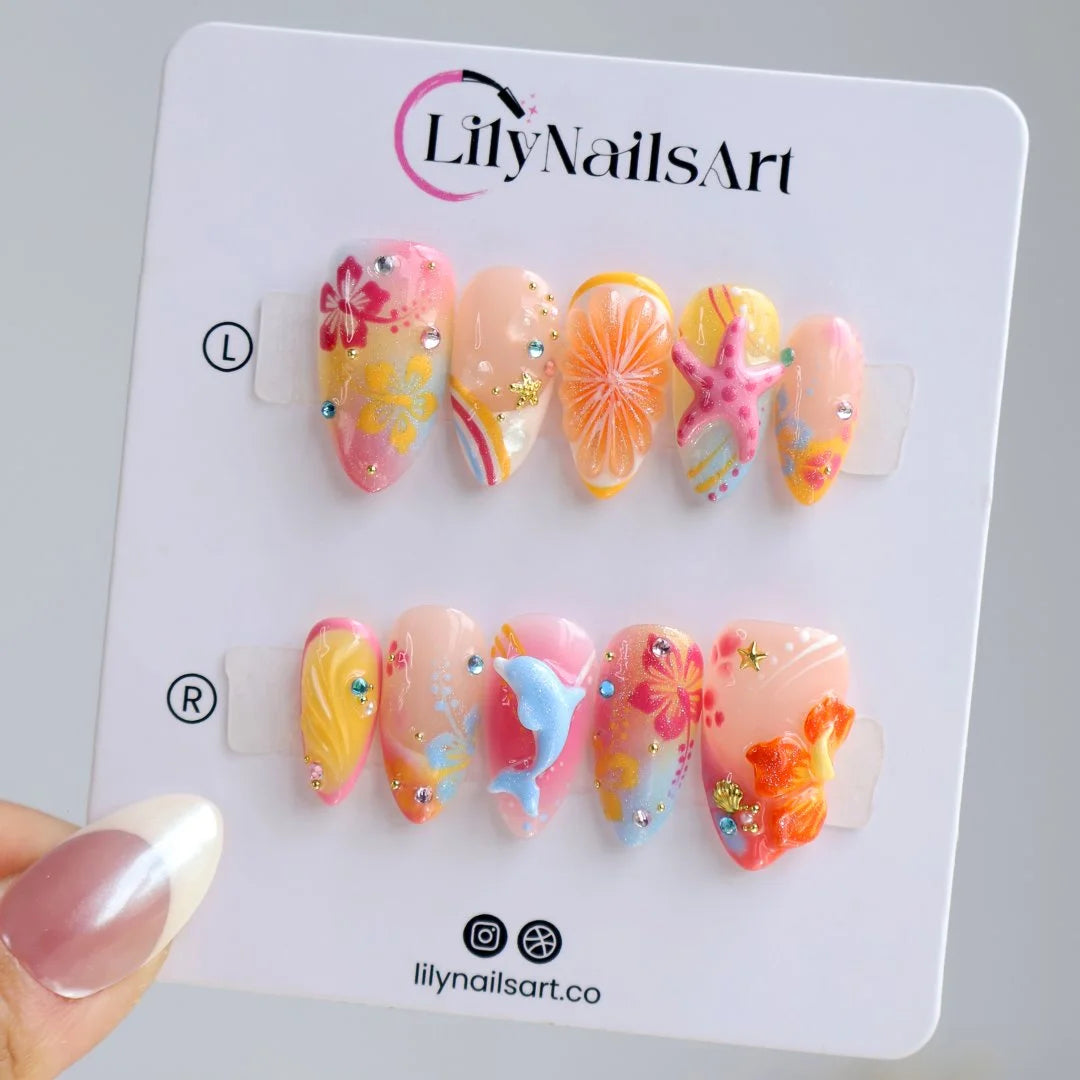 Handmade summer press-on nails with vibrant multicolor tropical floral art and bold pop energy inspired by Zara Larson , y2k nails by lilynailsart