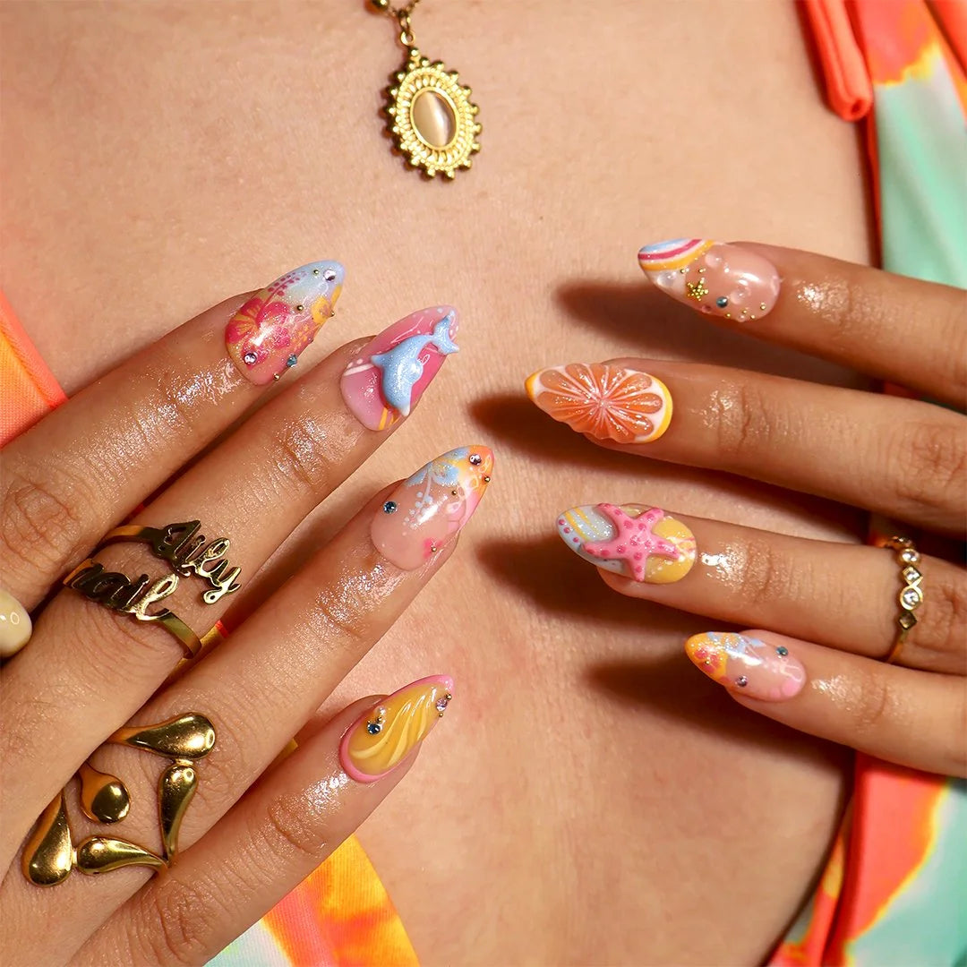 Handmade summer press-on nails with vibrant multicolor tropical floral art and bold pop energy inspired by Zara Larson , y2k nails by lilynailsart