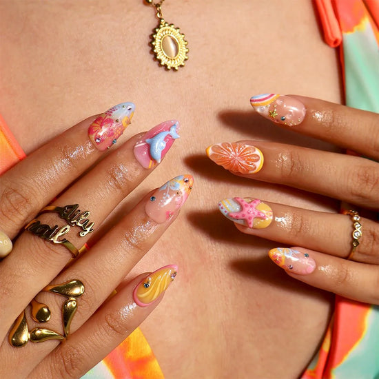 Handmade summer press-on nails with vibrant multicolor tropical floral art and bold pop energy inspired by Zara Larson , y2k nails by lilynailsart