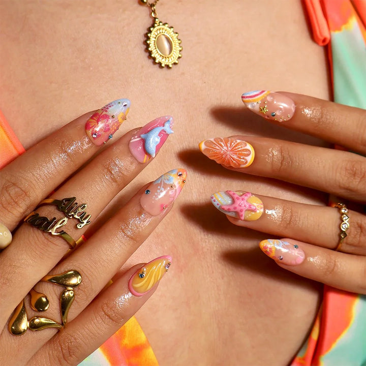 Handmade summer press-on nails with vibrant multicolor tropical floral art and bold pop energy inspired by Zara Larson , y2k nails by lilynailsart