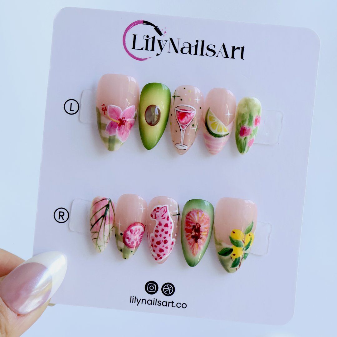 Handmade summer press-on nails with hand-painted avocado, wine glass, lime slice, pink leopard and tropical floral art by Lily Nails Art
