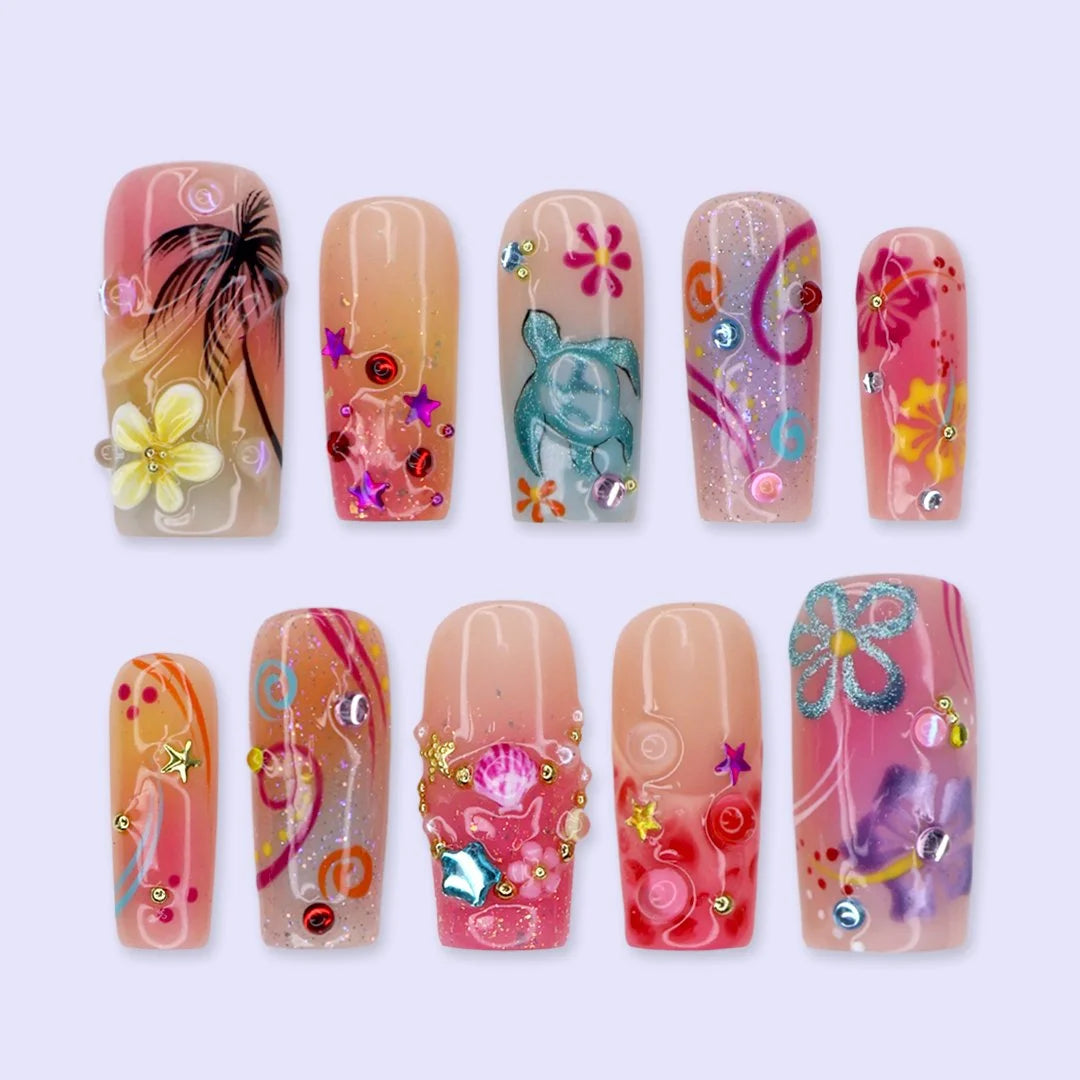 Handmade summer Y2K press-on nails with tropical palm trees, sea turtle, hibiscus blooms and crystal inspired by Zara Larson, custom made vacation nails by lilynailsart