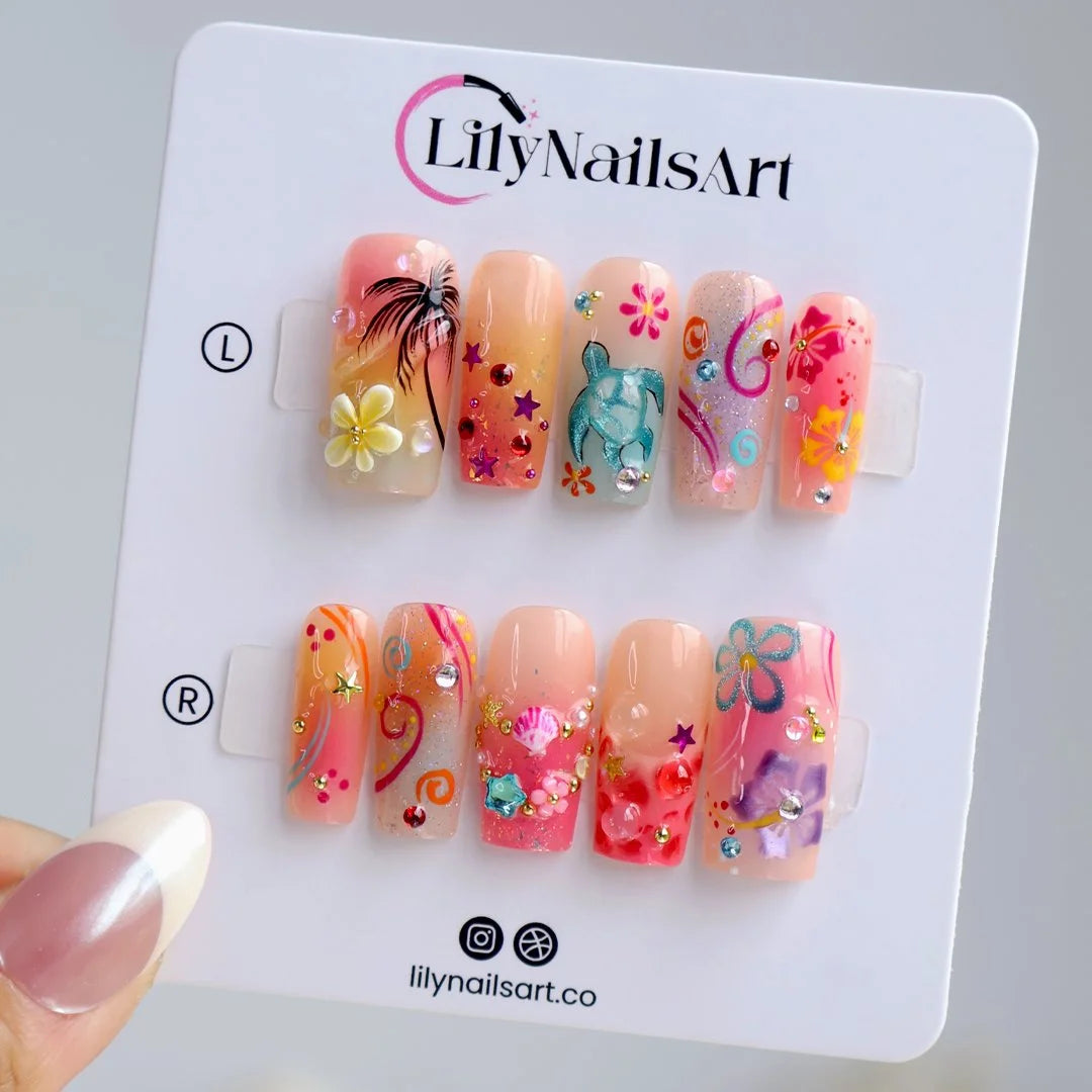 Handmade summer Y2K press-on nails with tropical palm trees, sea turtle, hibiscus blooms and crystal inspired by Zara Larson, custom made vacation nails by lilynailsart