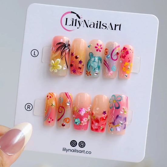 Handmade summer Y2K press-on nails with tropical palm trees, sea turtle, hibiscus blooms and crystal inspired by Zara Larson, custom made vacation nails by lilynailsart