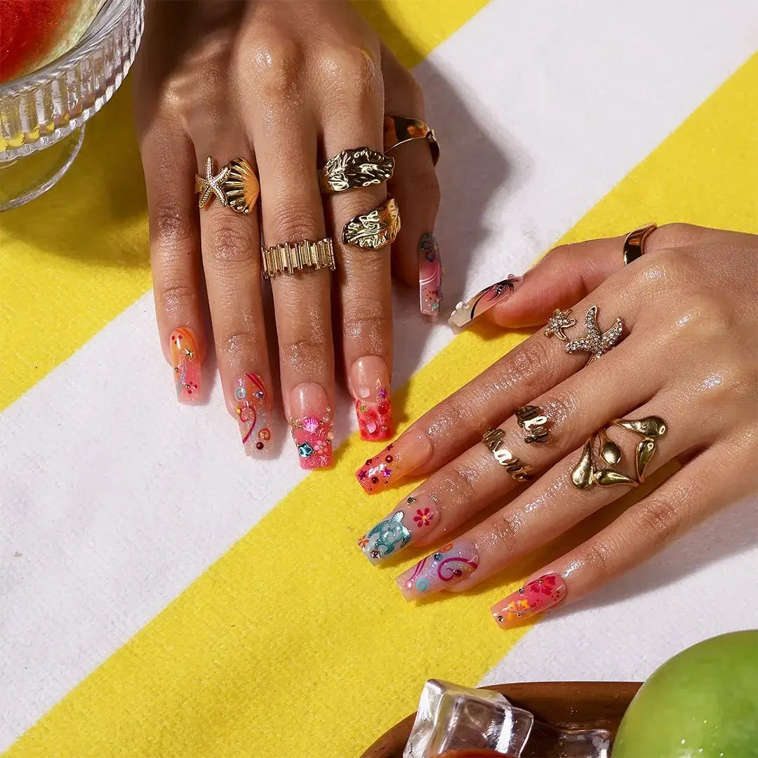 Handmade summer Y2K press-on nails with tropical palm trees, sea turtle, hibiscus blooms and crystal inspired by Zara Larson, custom made vacation nails by lilynailsart