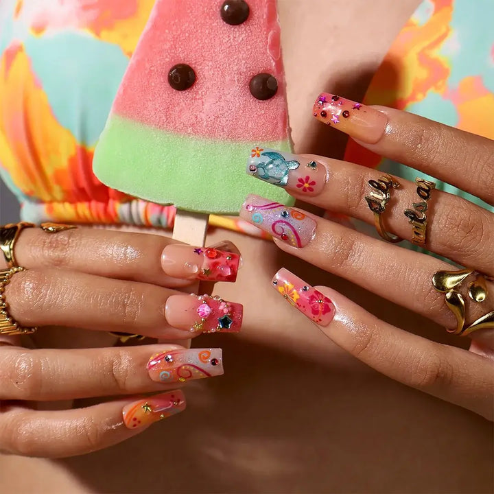 Handmade summer Y2K press-on nails with tropical palm trees, sea turtle, hibiscus blooms and crystal inspired by Zara Larson, custom made vacation nails by lilynailsart