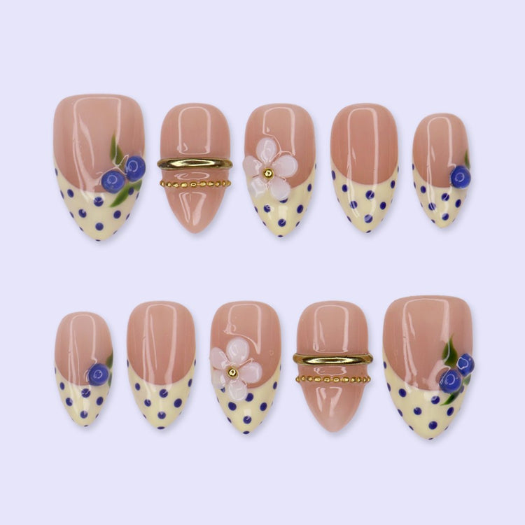 Handmade summer press-on nails with blueberries, glossy 3D florals, and polka dot by Lily Nails Art