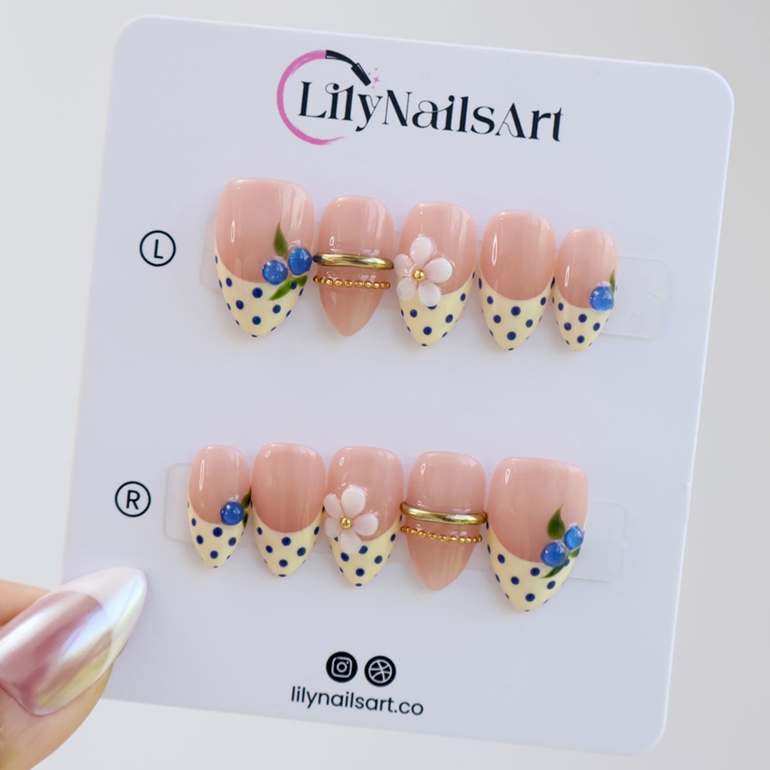 Handmade summer press-on nails with blueberries, glossy 3D florals, and polka dot by Lily Nails Art