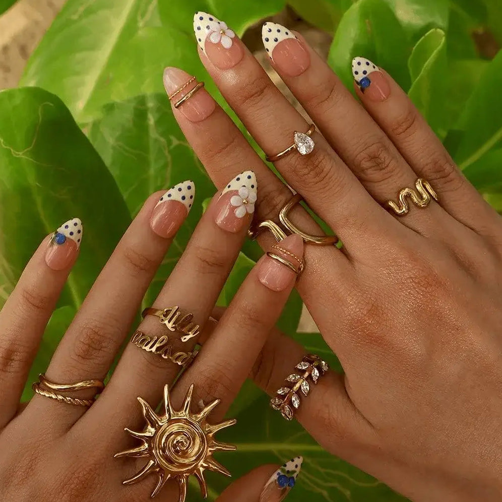 Handmade summer press-on nails with blueberries, glossy 3D florals, and polka dot by Lily Nails Art