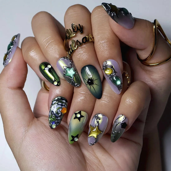 Green and chrome almond press on nails worn on hand
