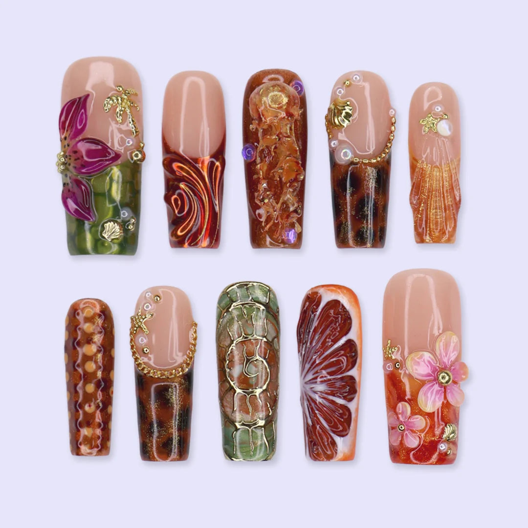 Amazonia handmade fall press-on nails — maximalist long square set in amber, tortoiseshell and gold