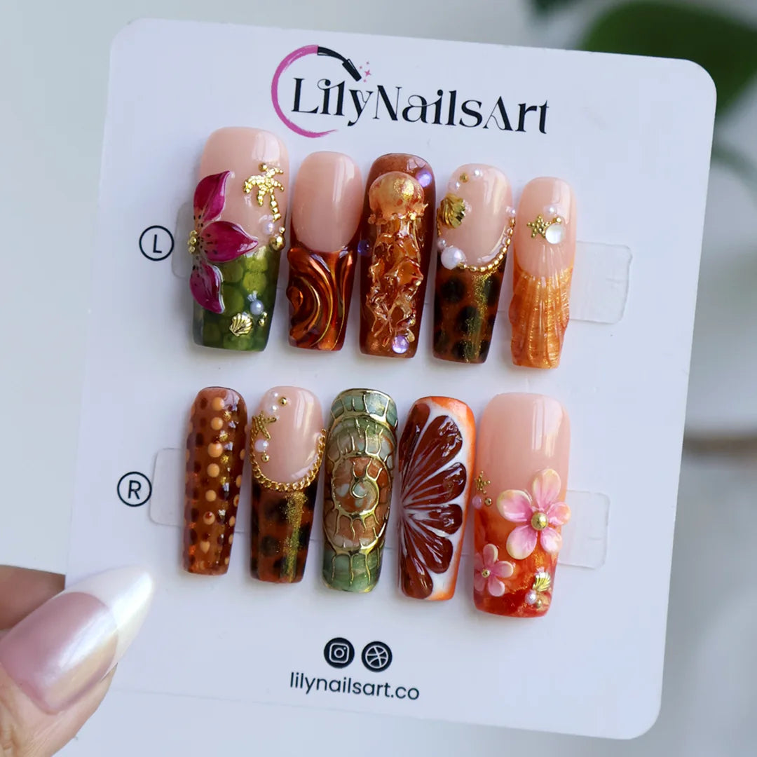 Amazonia handmade fall press-on nails — maximalist long square set in amber, tortoiseshell and gold
