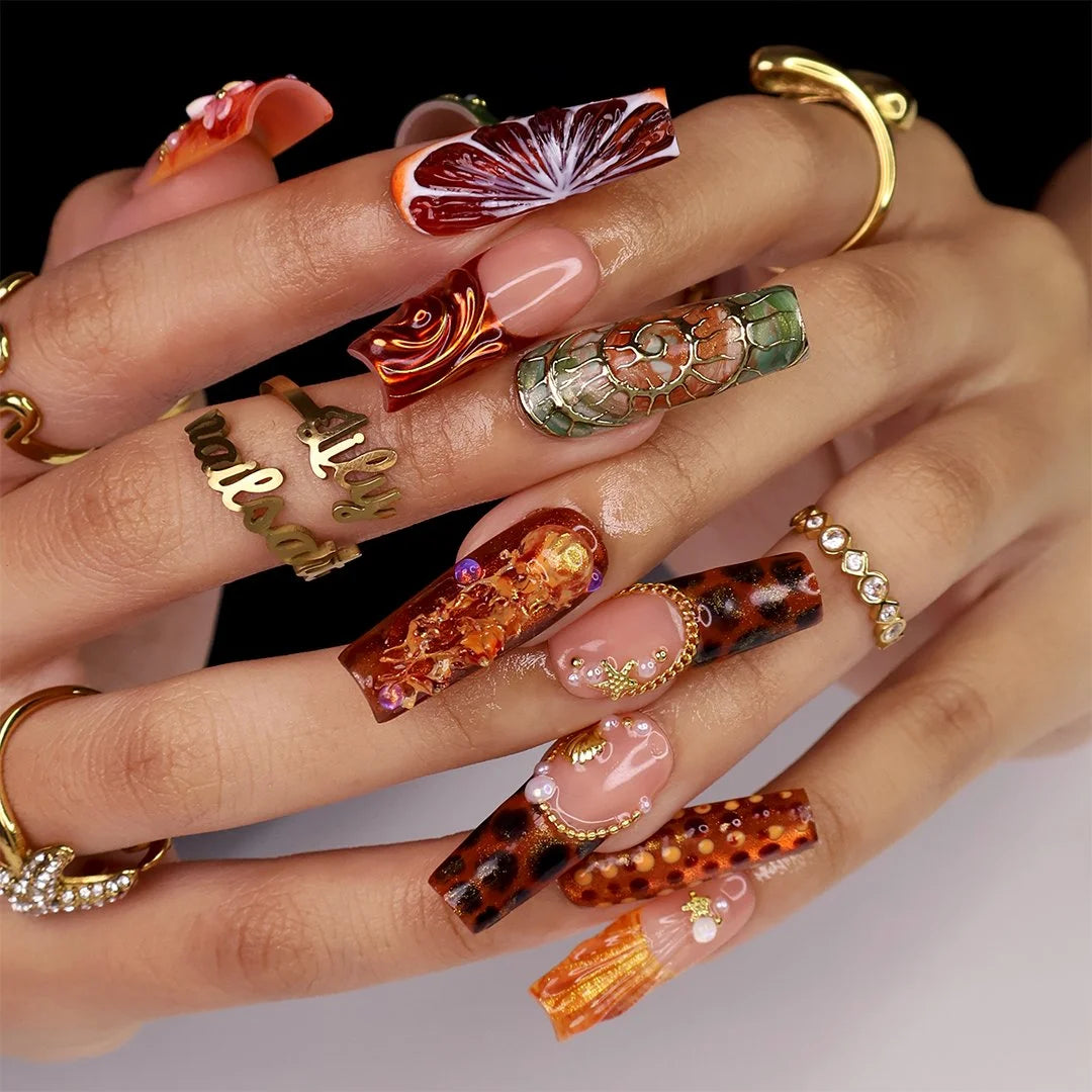 Amazonia handmade fall press-on nails — maximalist long square set in amber, tortoiseshell and gold