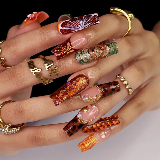 Amazonia handmade fall press-on nails — maximalist long square set in amber, tortoiseshell and gold