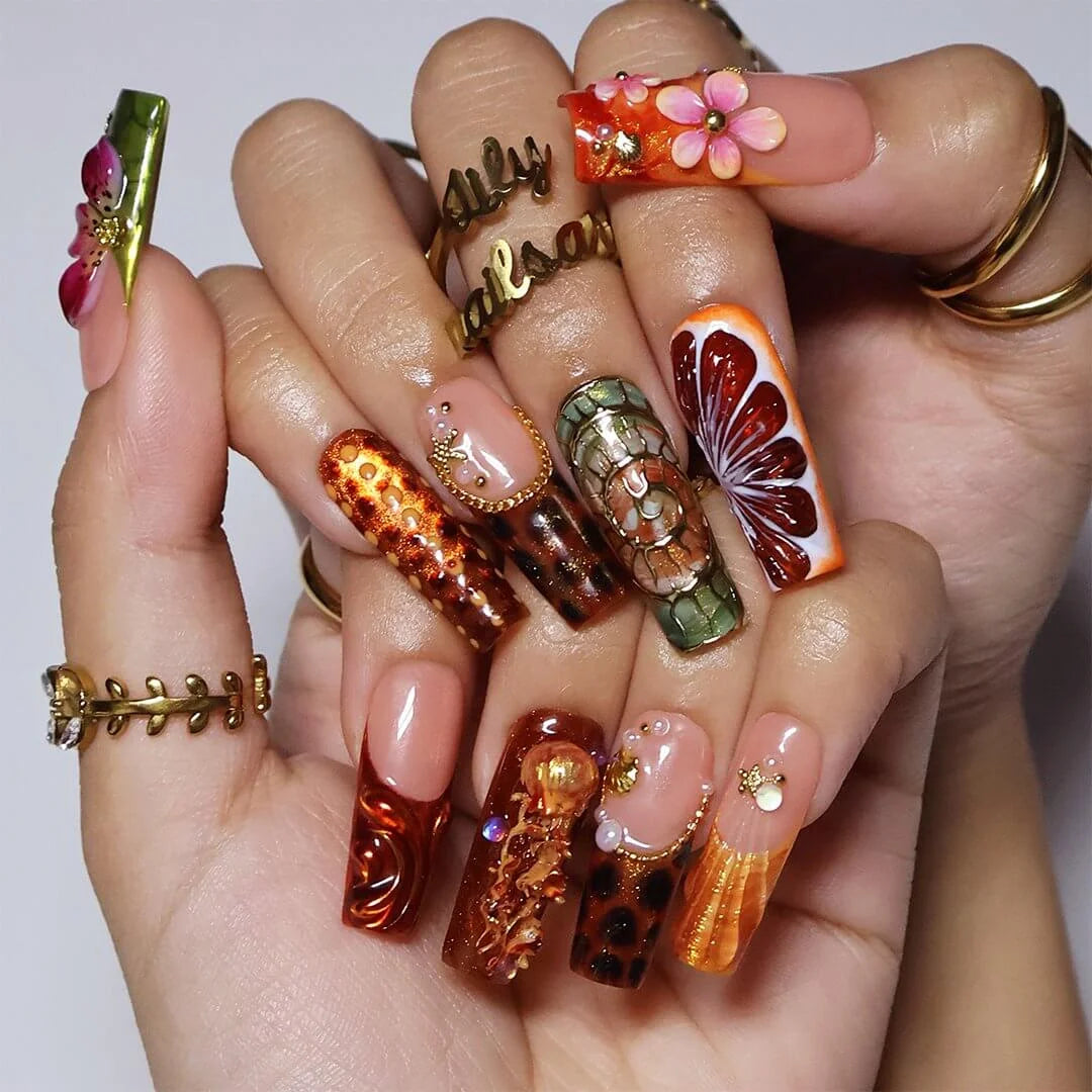 Amazonia handmade fall press-on nails — maximalist long square set in amber, tortoiseshell and gold
