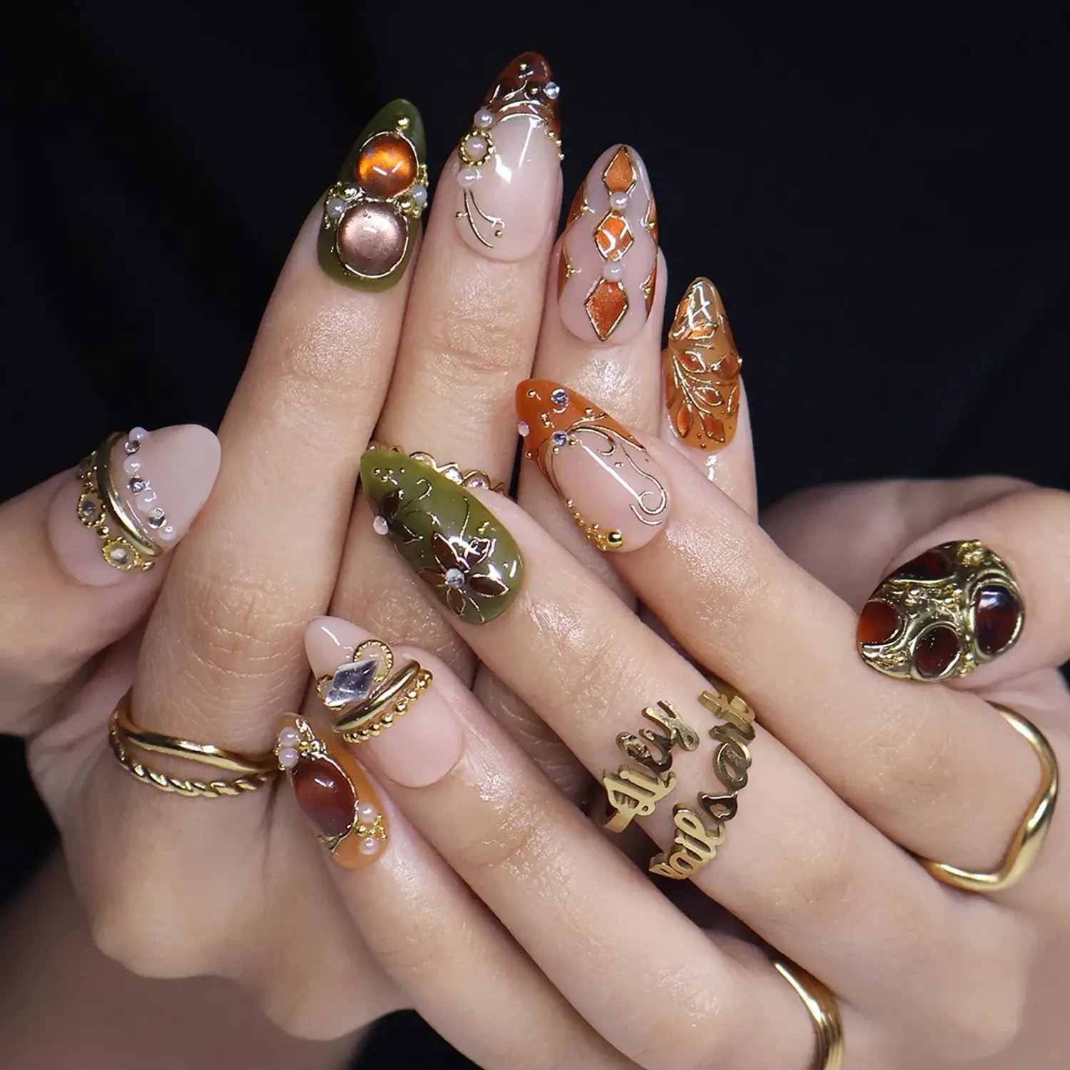 tertoise brown & green handmade fall press-on nails — maximalist medium almond set with amber gemstones, gold filigree and floral detail