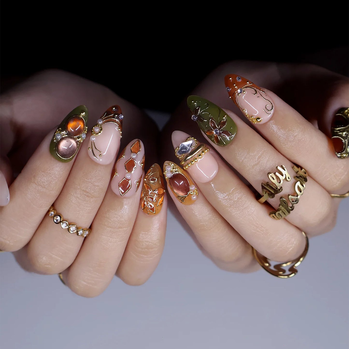 tertoise brown & green handmade fall press-on nails — maximalist medium almond set with amber gemstones, gold filigree and floral detail