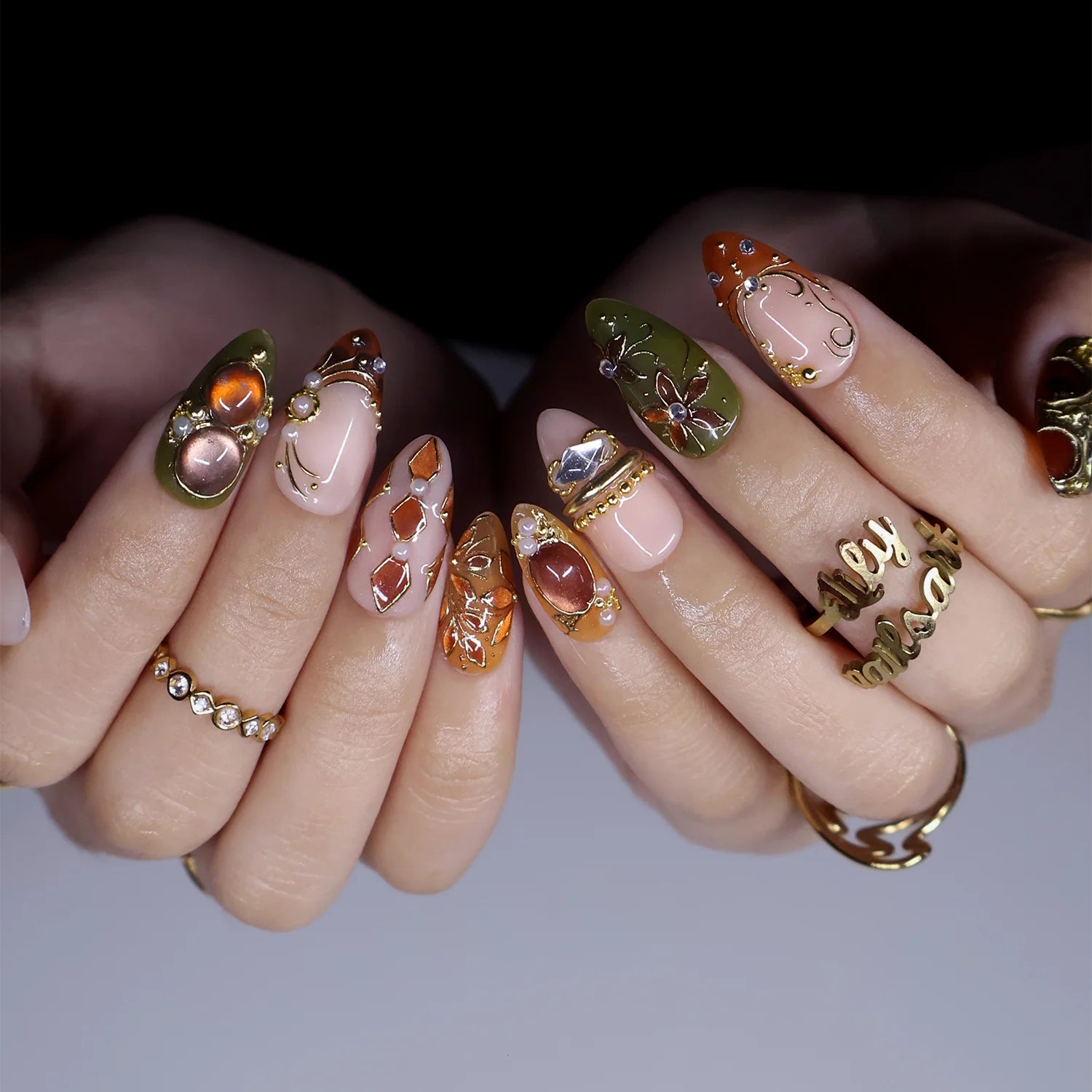 tertoise brown & green handmade fall press-on nails — maximalist medium almond set with amber gemstones, gold filigree and floral detail