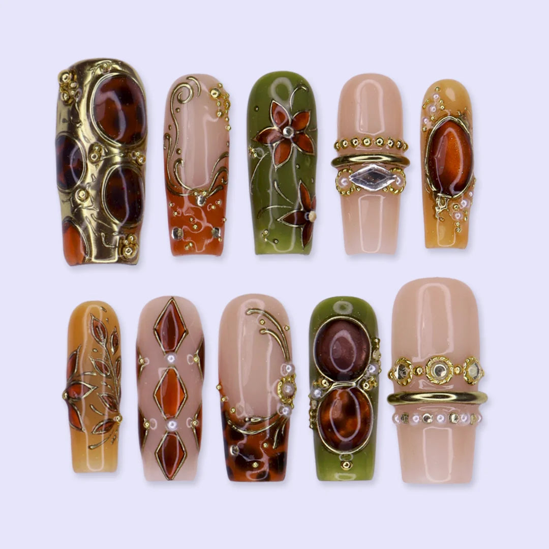 tertoise brown & green handmade fall press-on nails — maximalist long square set with amber gemstones, gold filigree and floral detail
