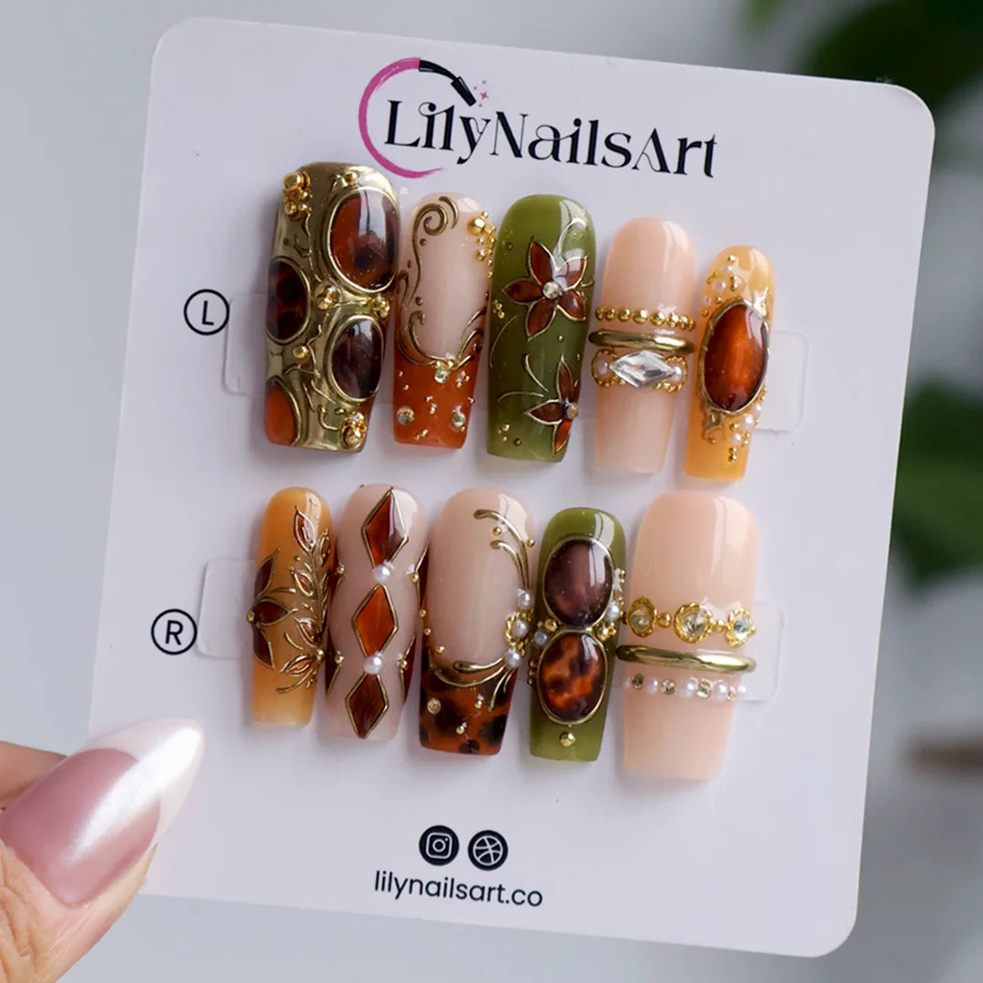 tertoise brown & green handmade fall press-on nails — maximalist long square set with amber gemstones, gold filigree and floral detail
