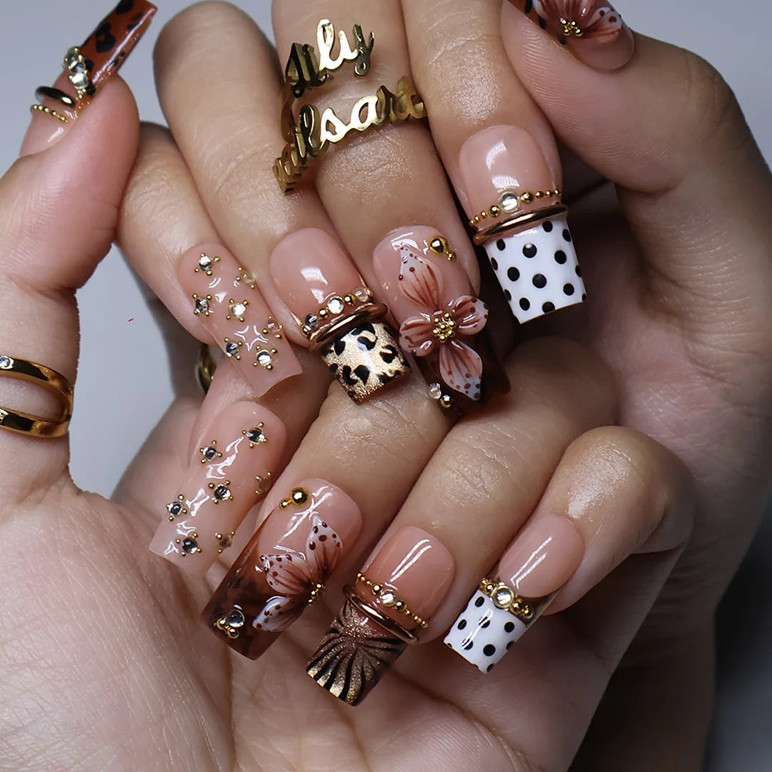 Coco handmade fall press-on nails — medium square set in nude and brown with leopard print, polka dots, 3D lilies and gold beading