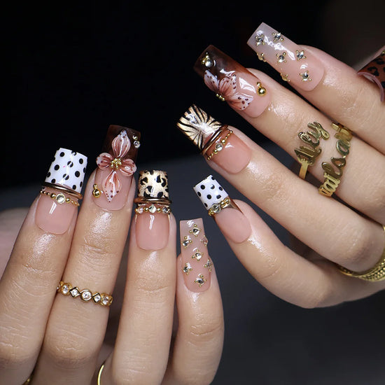 Coco handmade fall press-on nails — medium square set in nude and brown with leopard print, polka dots, 3D lilies and gold beading