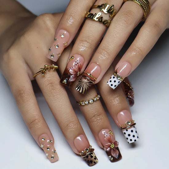Coco handmade fall press-on nails — medium square set in nude and brown with leopard print, polka dots, 3D lilies and gold beading
