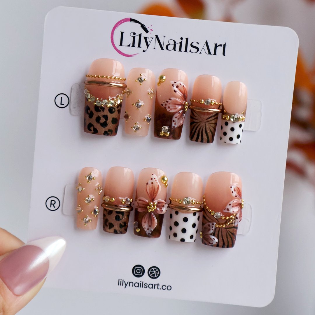 Coco handmade fall press-on nails — medium square set in nude and brown with leopard print, polka dots, 3D lilies and gold beading