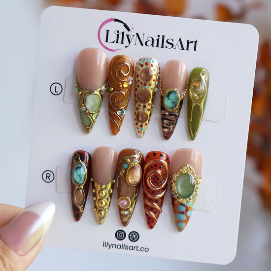 Bijou handmade maximalist press-on nails — long almond set in nude, caramel and olive with jade and turquoise cabochons in gold frames, spirals and beadwork
