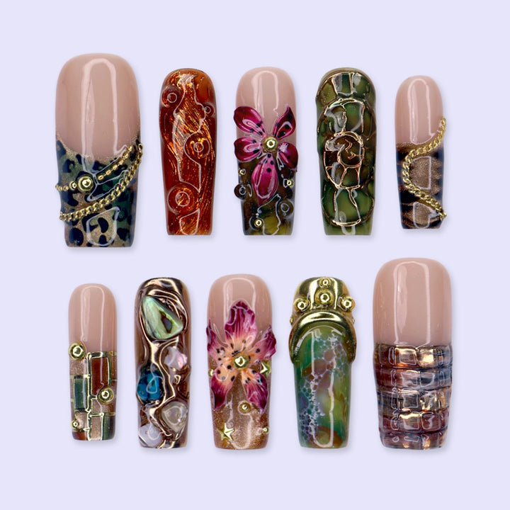Oasis handmade maximalist press-on nails — long square set in nude, olive and copper with abalone shell, turquoise cabochons, 3D lilies and gold chains
