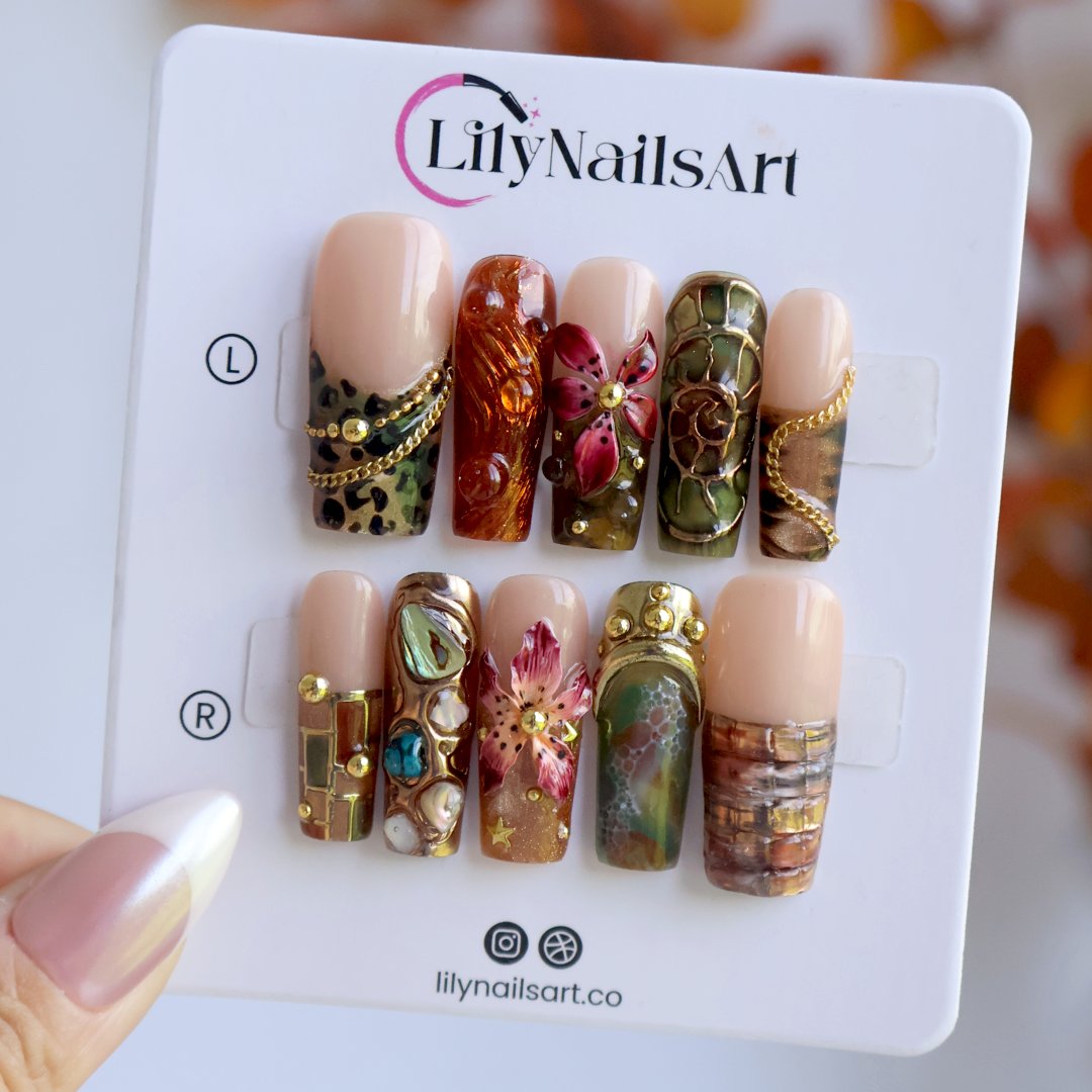 Oasis handmade maximalist press-on nails — long square set in nude, olive and copper with abalone shell, turquoise cabochons, 3D lilies and gold chains