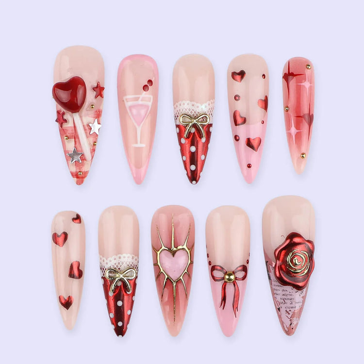 Handmade Pink press on nails with Love Candy, Lace & Ribbon, Long Almond luxury handmade nail art, false nails, pressons — perfect for Valentine Date Night 