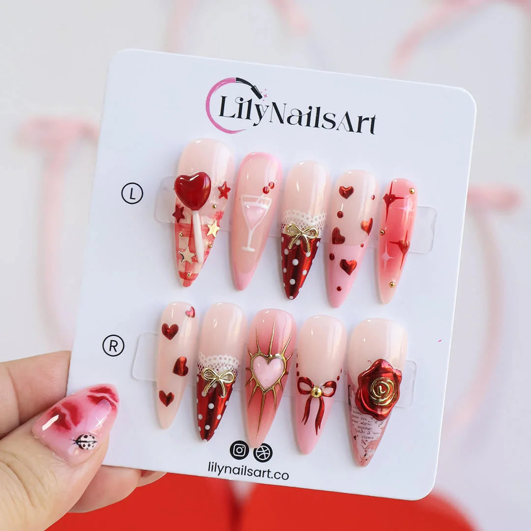 Handmade Pink press on nails with Love Candy, Lace & Ribbon, Long Almond luxury handmade nail art, false nails, pressons — perfect for Valentine Date Night 