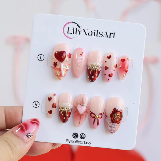 Handmade Pink press on nails with Love Candy, Lace & Ribbon, Medium Almond luxury handmade nail art, false nails, pressons — perfect for Valentine Date Night 