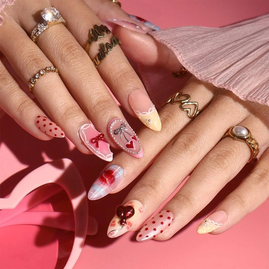 Handmade Pink press on nails with Bow, 3D Heart & Polka Dot, Medium Almond luxury handmade nail art, false nails, pressons — perfect for Valentine Date Night 