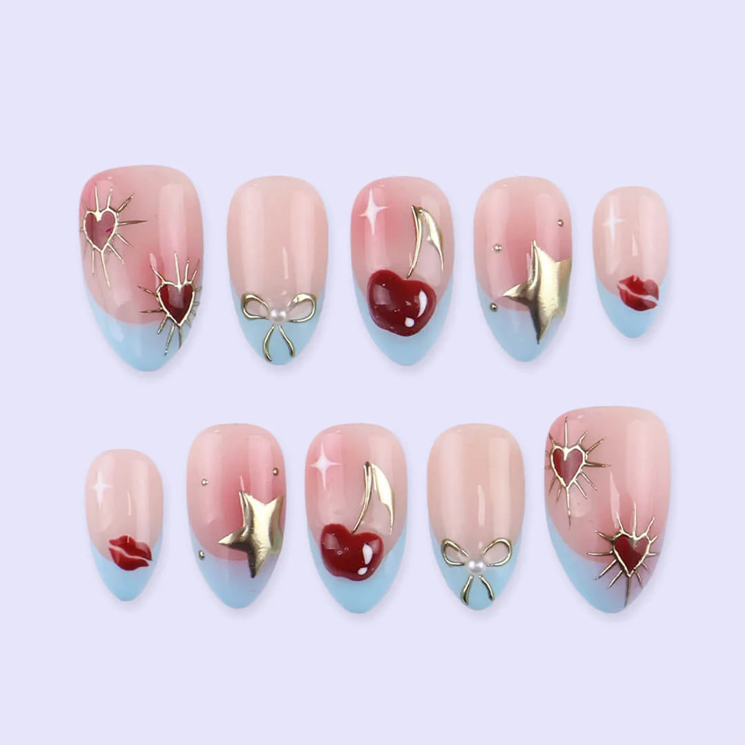 Handmade Blue press on nails with Cherry Details & French Tip, Medium Almond luxury handmade nail art, false nails, pressons — perfect for Valentine Date Night 